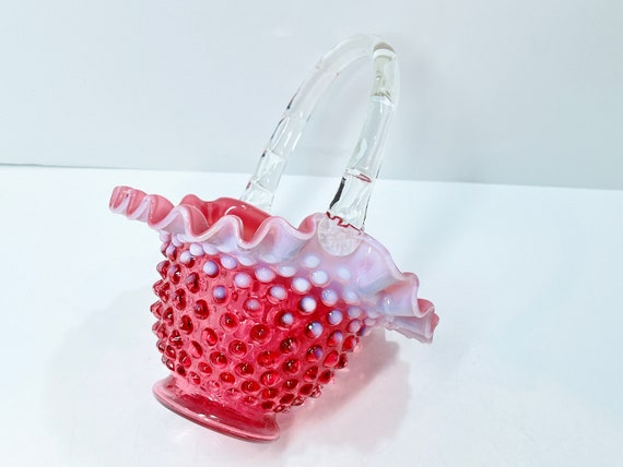 Fenton Basket, Pink White Ruffled Basket, Fenton Hobnail Basket, Pink Glass Basket, Gifts for Her, Anniversary Gift, Birthday Gift