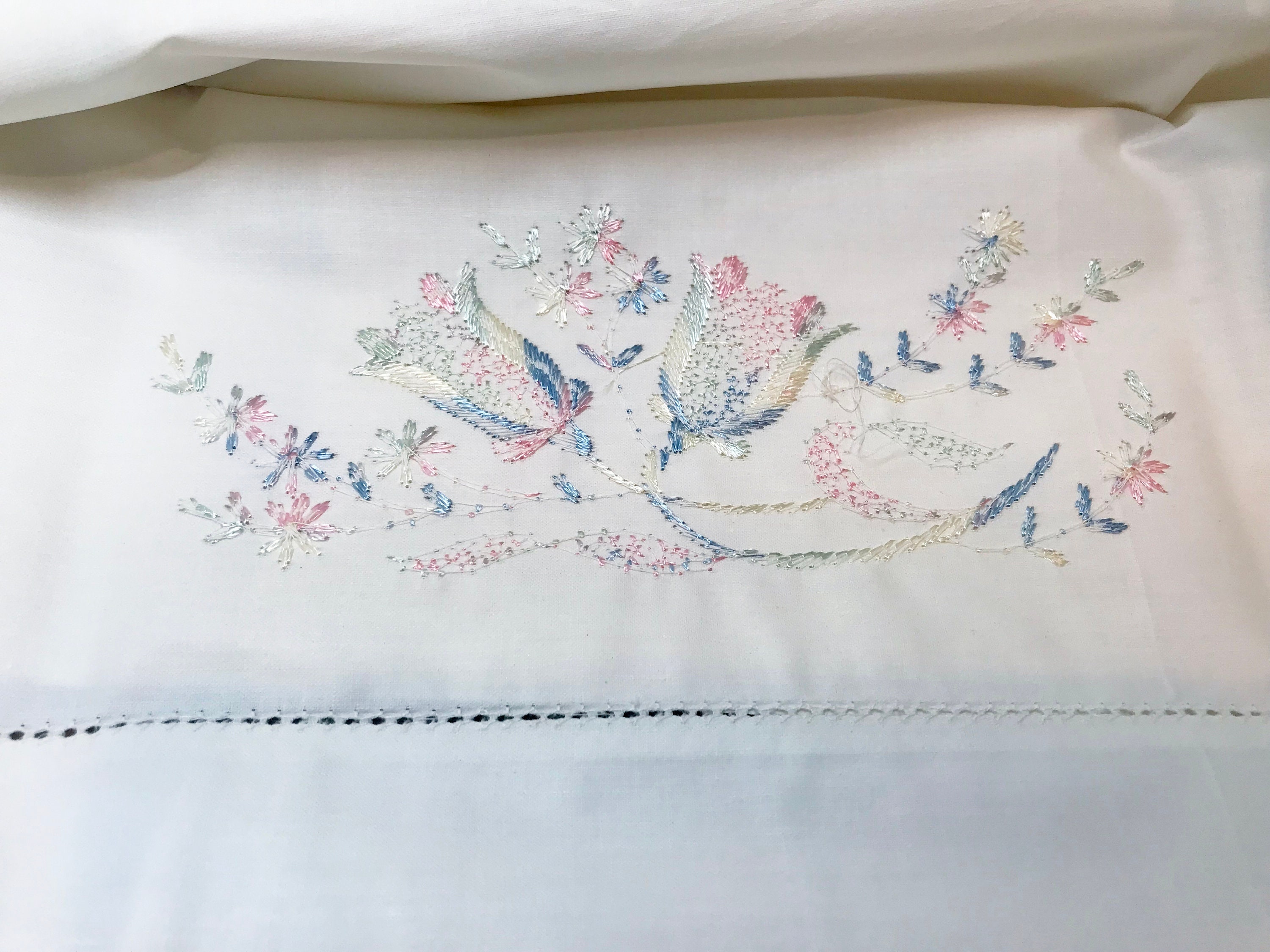 Vintage White Pillowcases, NOS Embroidered Cases, Hand Embroidered