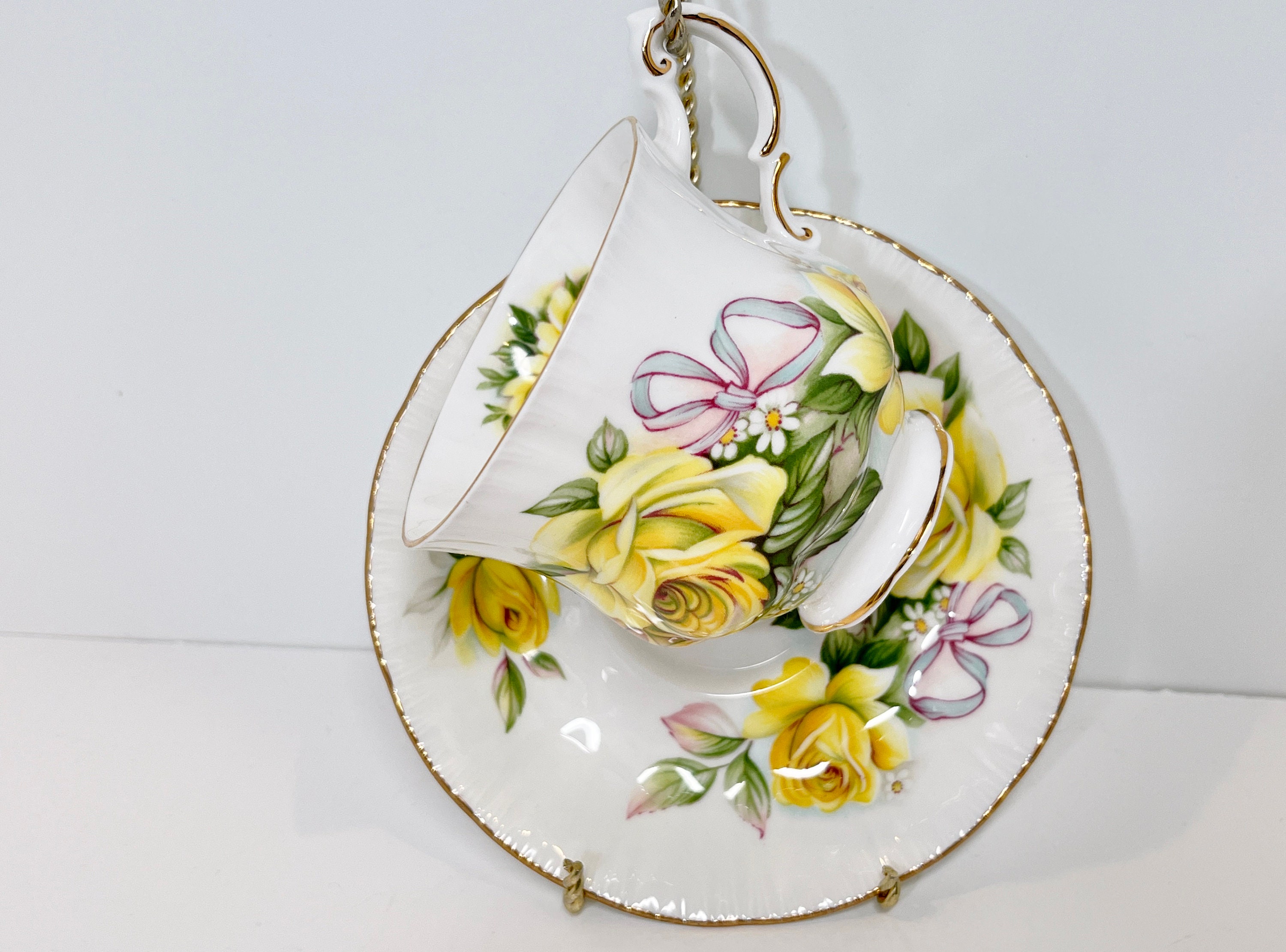 Ribbon Teacup Yellow Rose Teacup and Saucer Royal Crest Teacup English