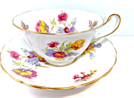 Royal Chelsea Floral Teacup and Saucer: English Bone China, Hand Painted