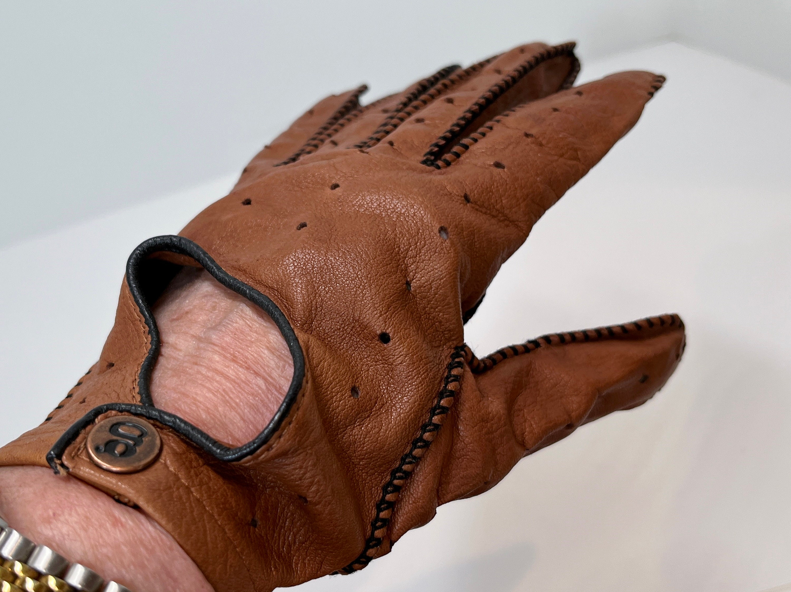 Vintage Driving Gloves Women's Brown Leather Perforated 