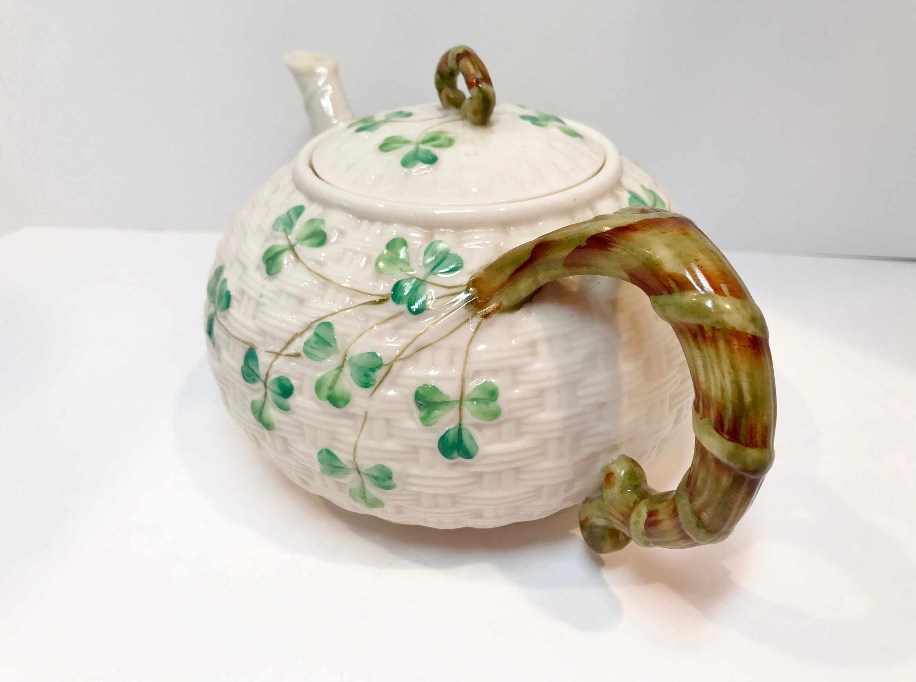 Large Shamrock Belleek Teapot, Shamrock Belleek, Black Mark Belleek