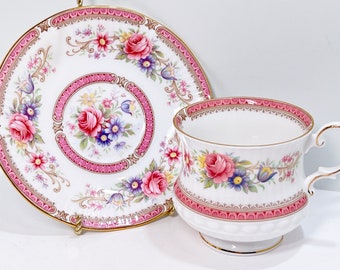 Queens Teacup and Saucer , Pink Floral Teacup , Vintage Tea Cup , English Tea Cup ,  Richmond Pattern , Anniversary Gift for Her