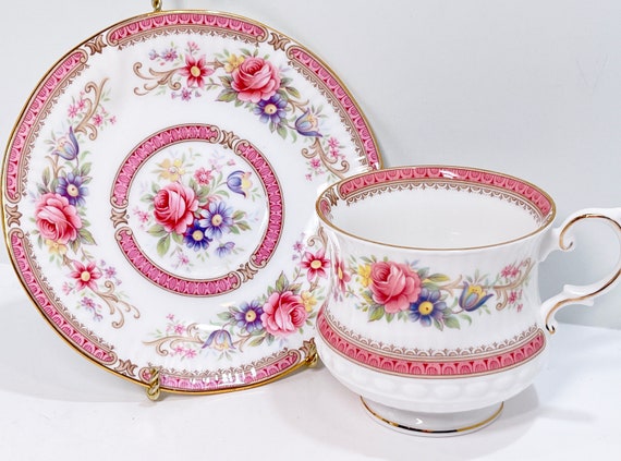 Queens Teacup and Saucer , Pink Floral Teacup , Vintage Tea Cup , English Tea Cup ,  Richmond Pattern , Anniversary Gift for Her