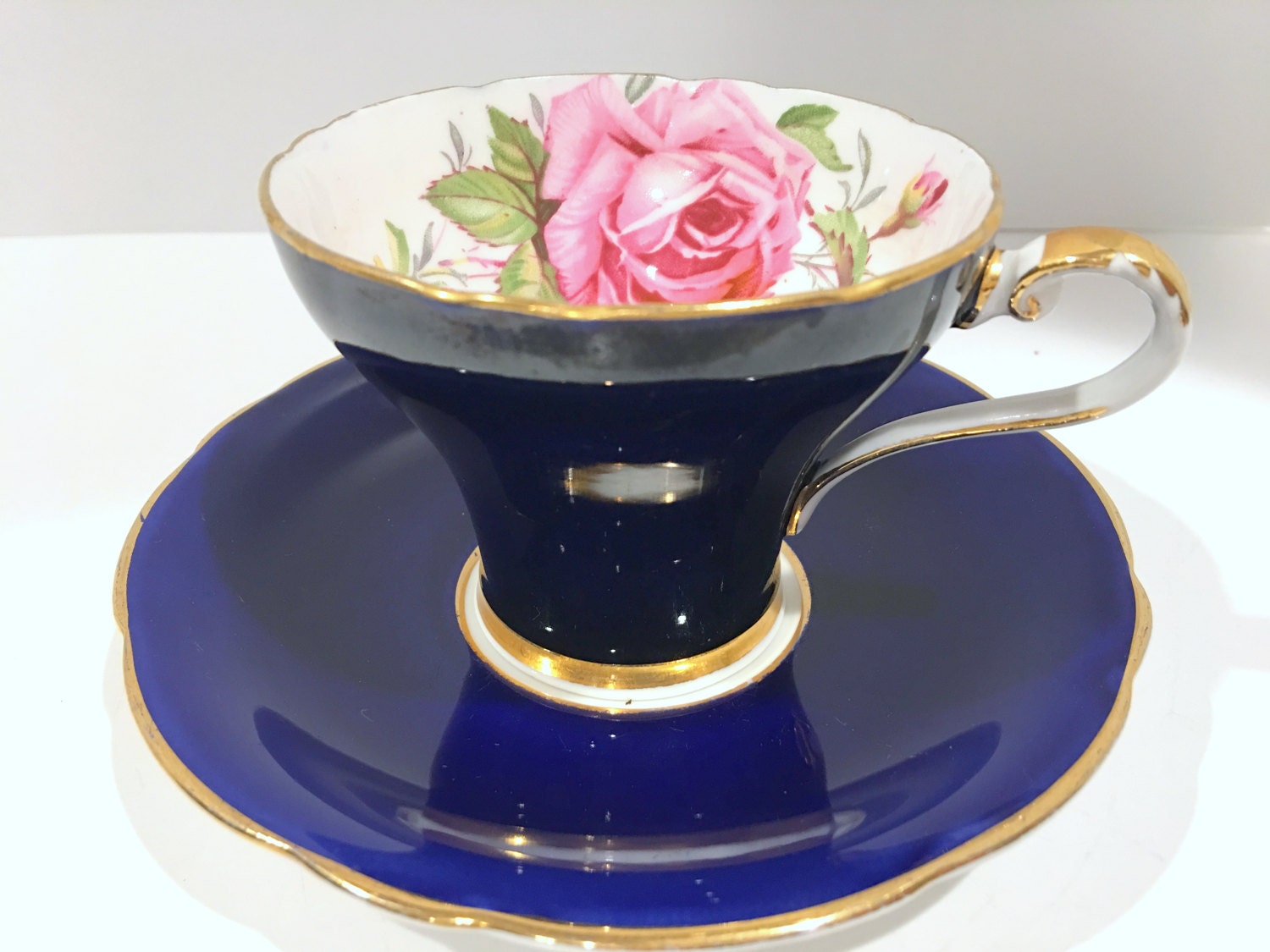 STANLEY tea cup and saucer pink rose painted baby blue color teacup England  50s