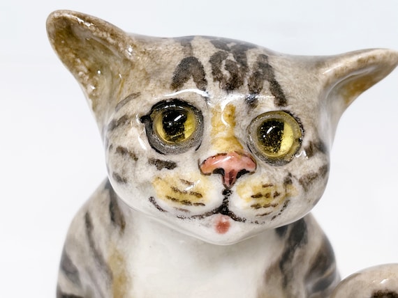 Cat Sculpture, Ceramic Cat, Glass Eyed Cat, Tabby Cat, Cat Figurine, Hand Painted Cat, Gift for Her, Birthday Gift, Anniversary Gift