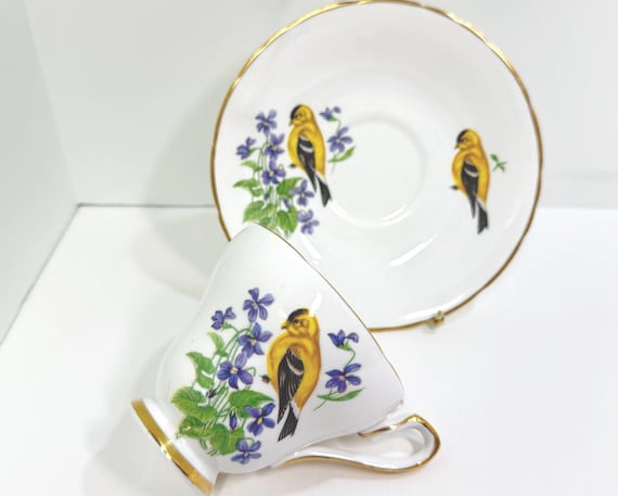 Royal Sutherland Teacup and Saucer, Goldfinch Teacup, English Bone China, Vintage Teacup, Gift for Her, Bird Watcher, Anniversary Gift