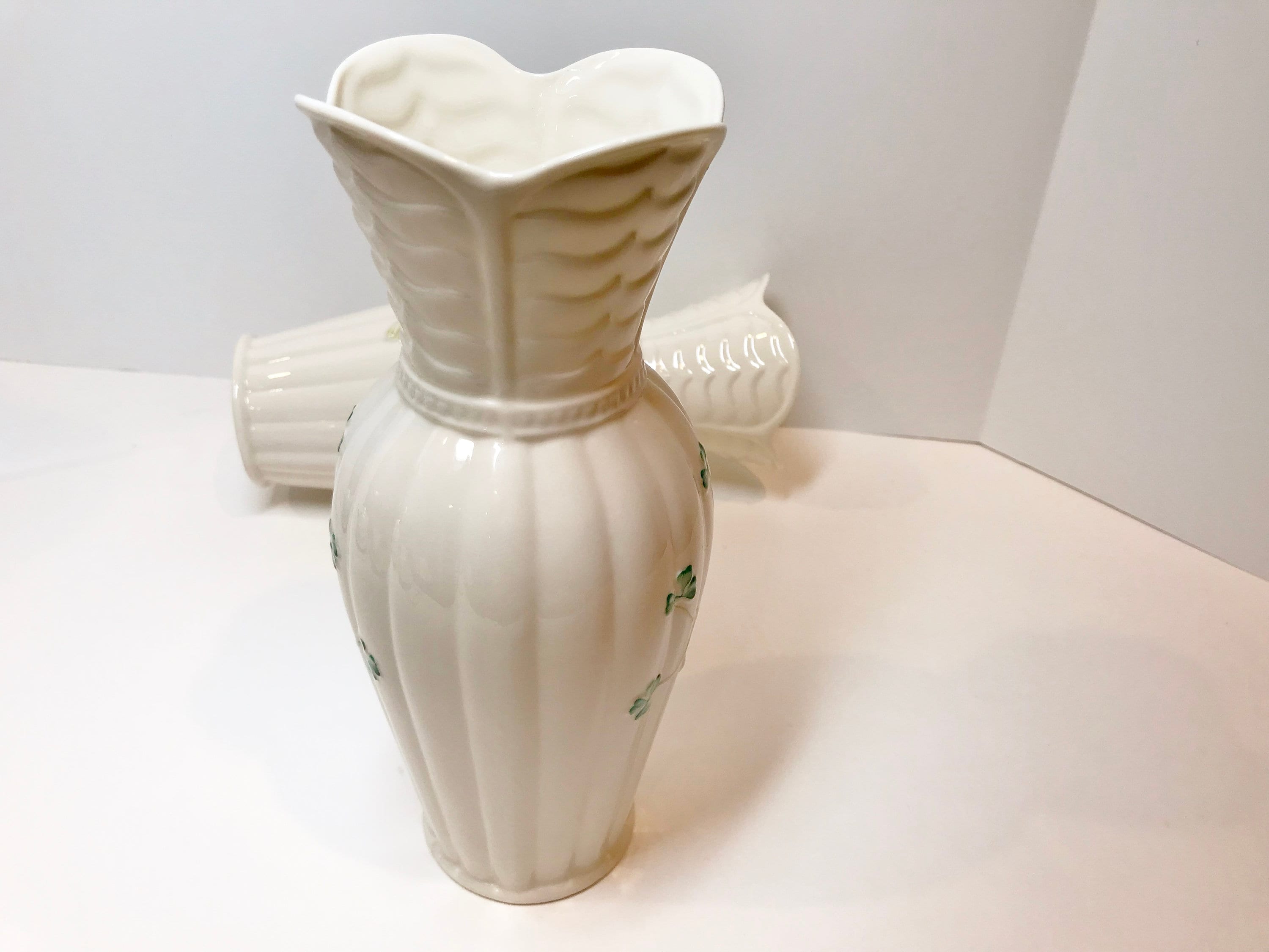Reserved for SR, Pair Shamrock Belleek Vases, Corrib Vases, Belleek