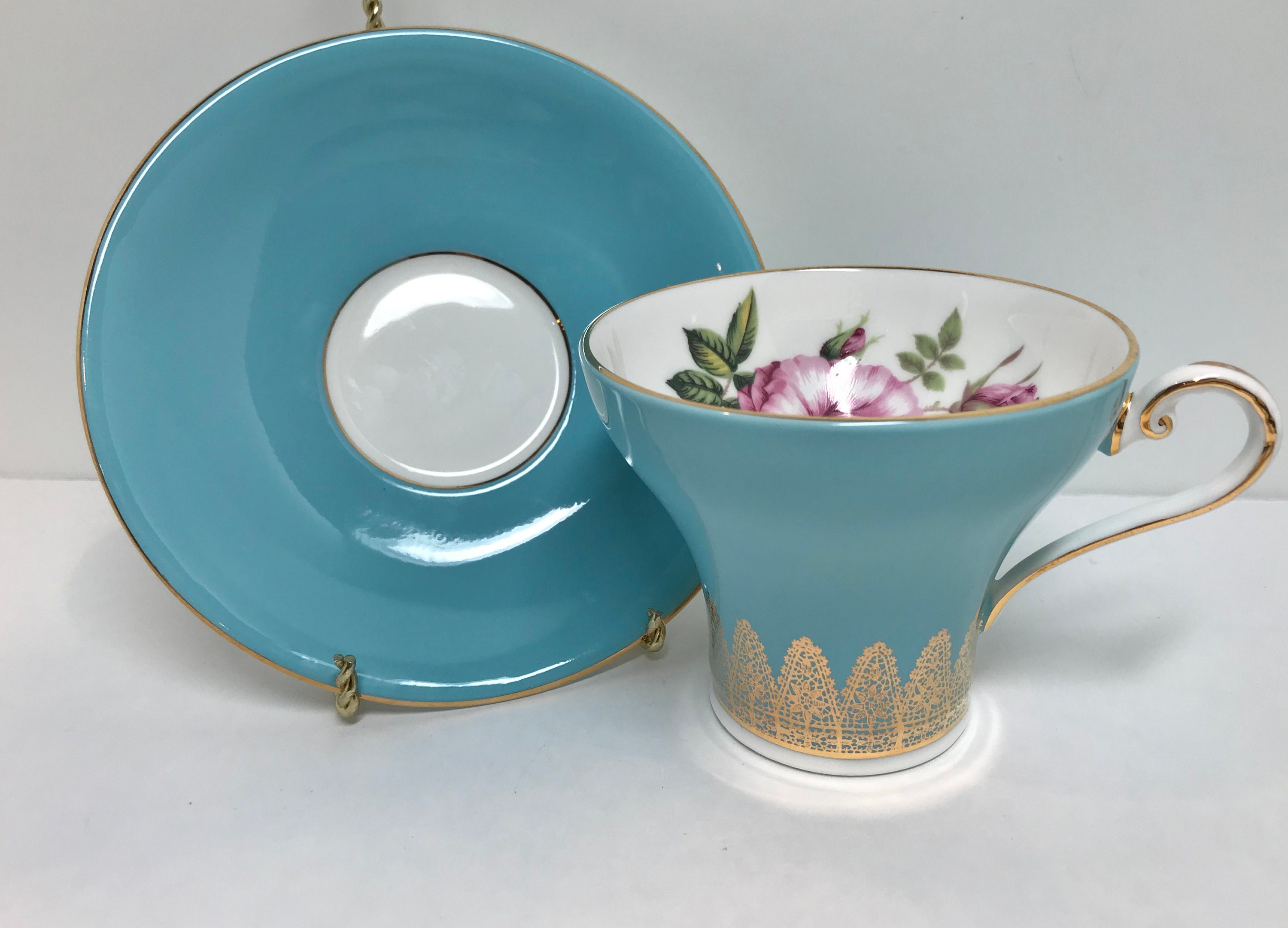 Aynsley Teacup and Saucer, Blue Gold Cups, Aynsley Corset