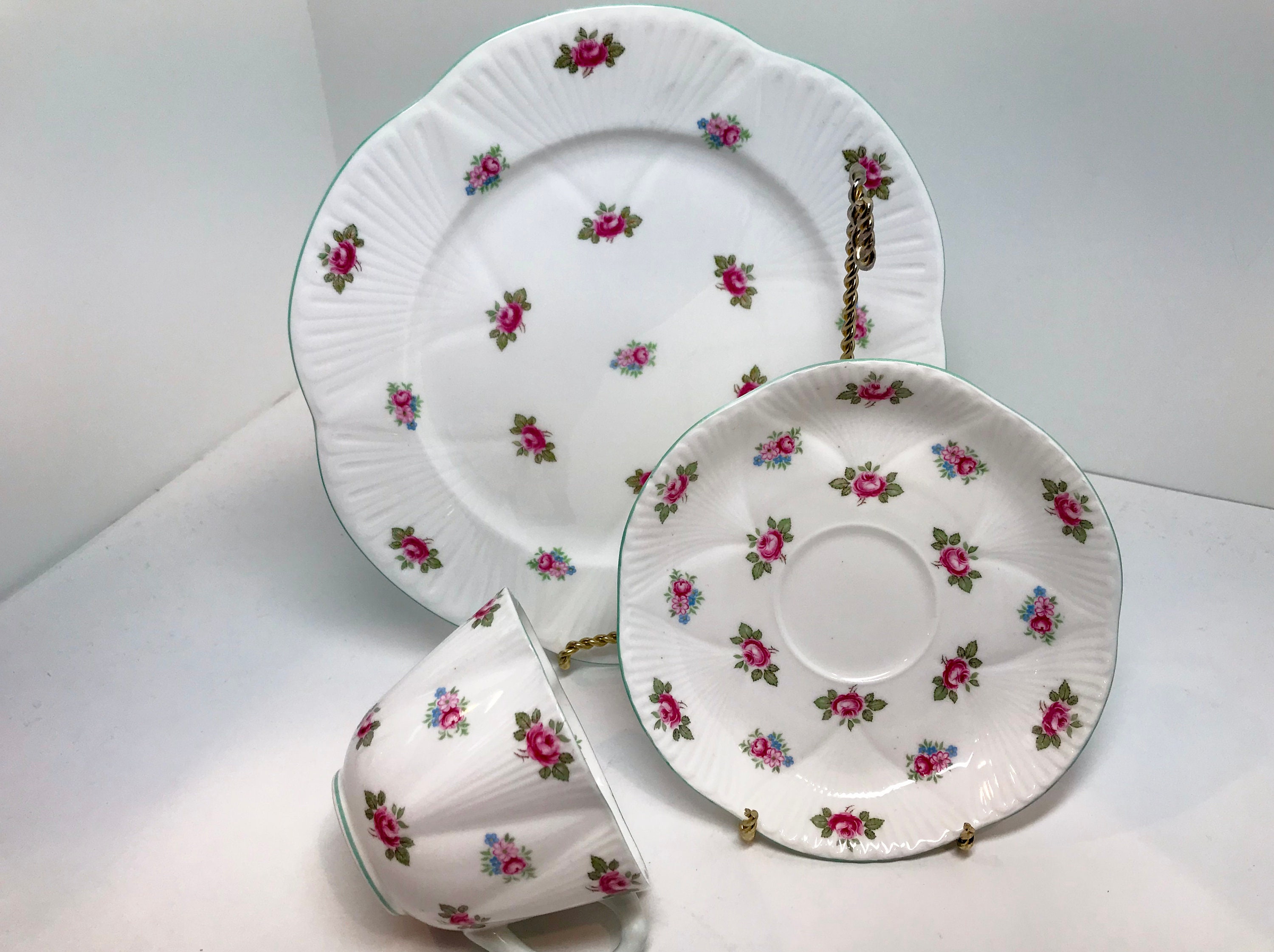 Shelley Rosebud Trio, Shelley Teacups, Floral Tea Cups, English China Tea Cups, Shelley China
