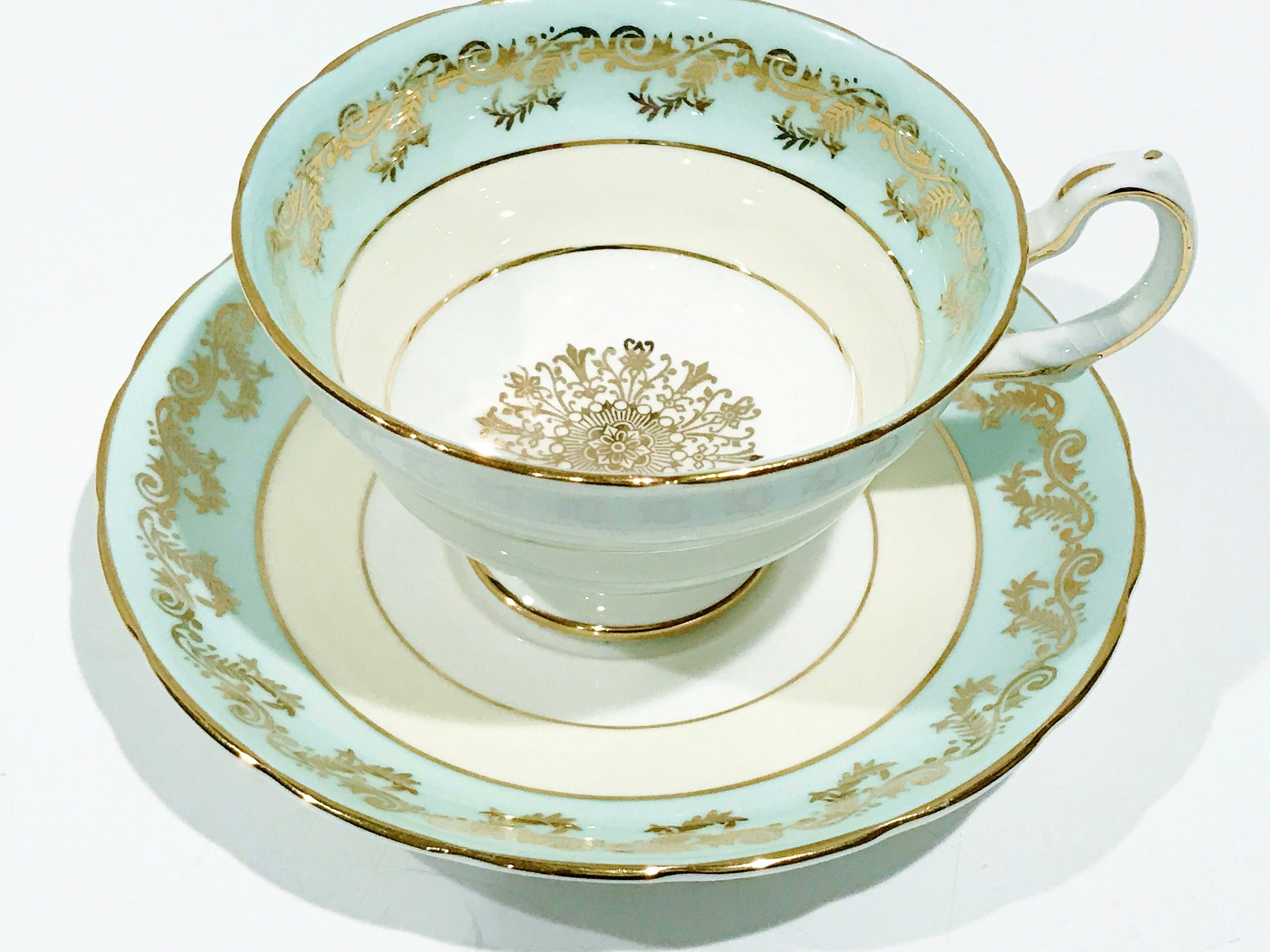 Grosvenor Teacup and Saucer, English Tea Cups, Aqua Gold Teacups