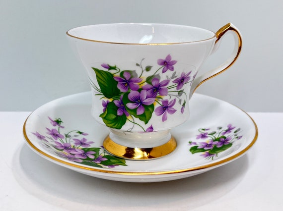 Windsor Tea Cup and Saucer , English Bone China , Violet Tea Cup , Floral Teacup , Housewarming Gift for Her , Hostess Gift