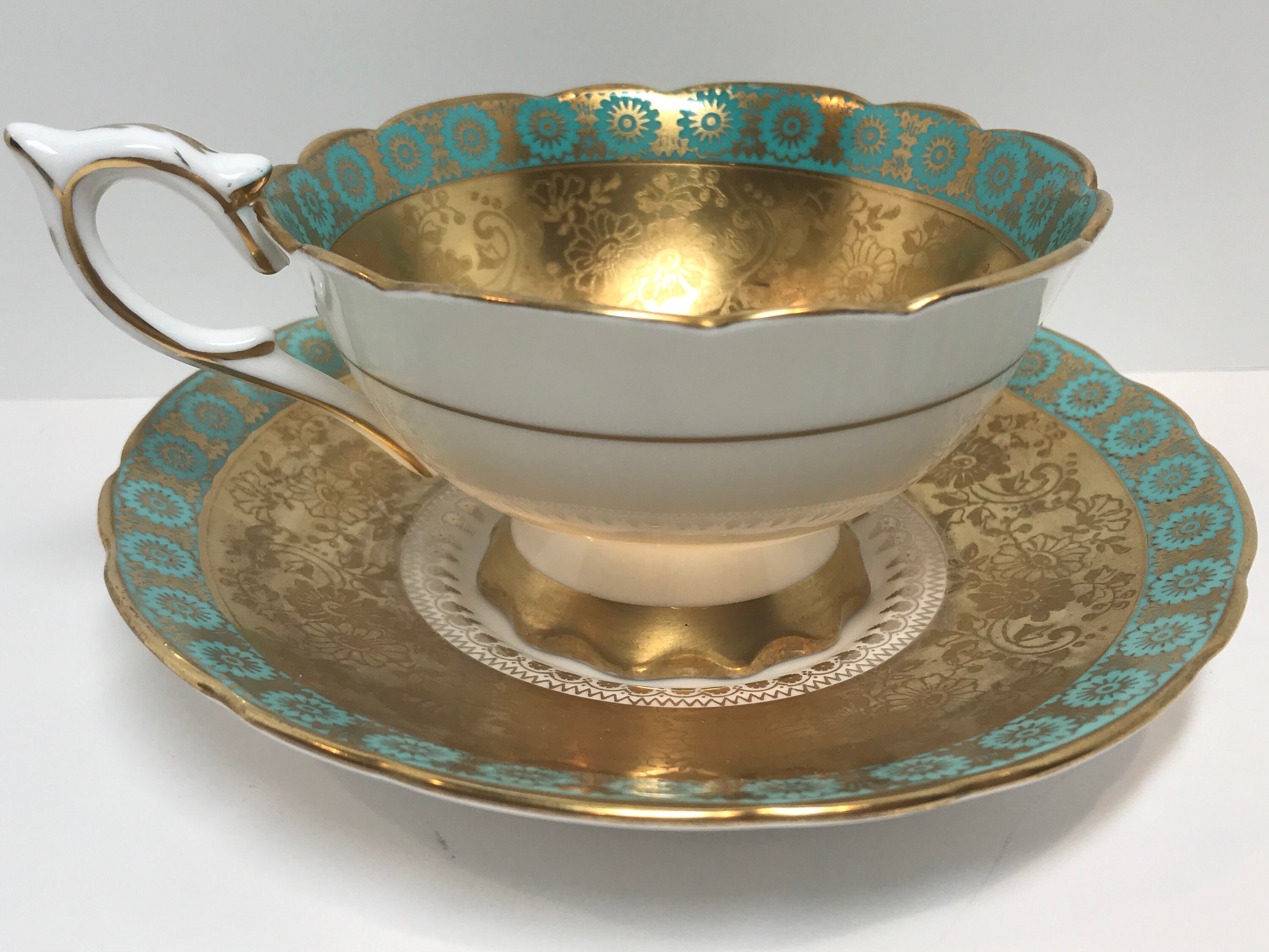Royal Stafford Tea Cup and Saucer, Aqua Gold Tea Cups, Antique