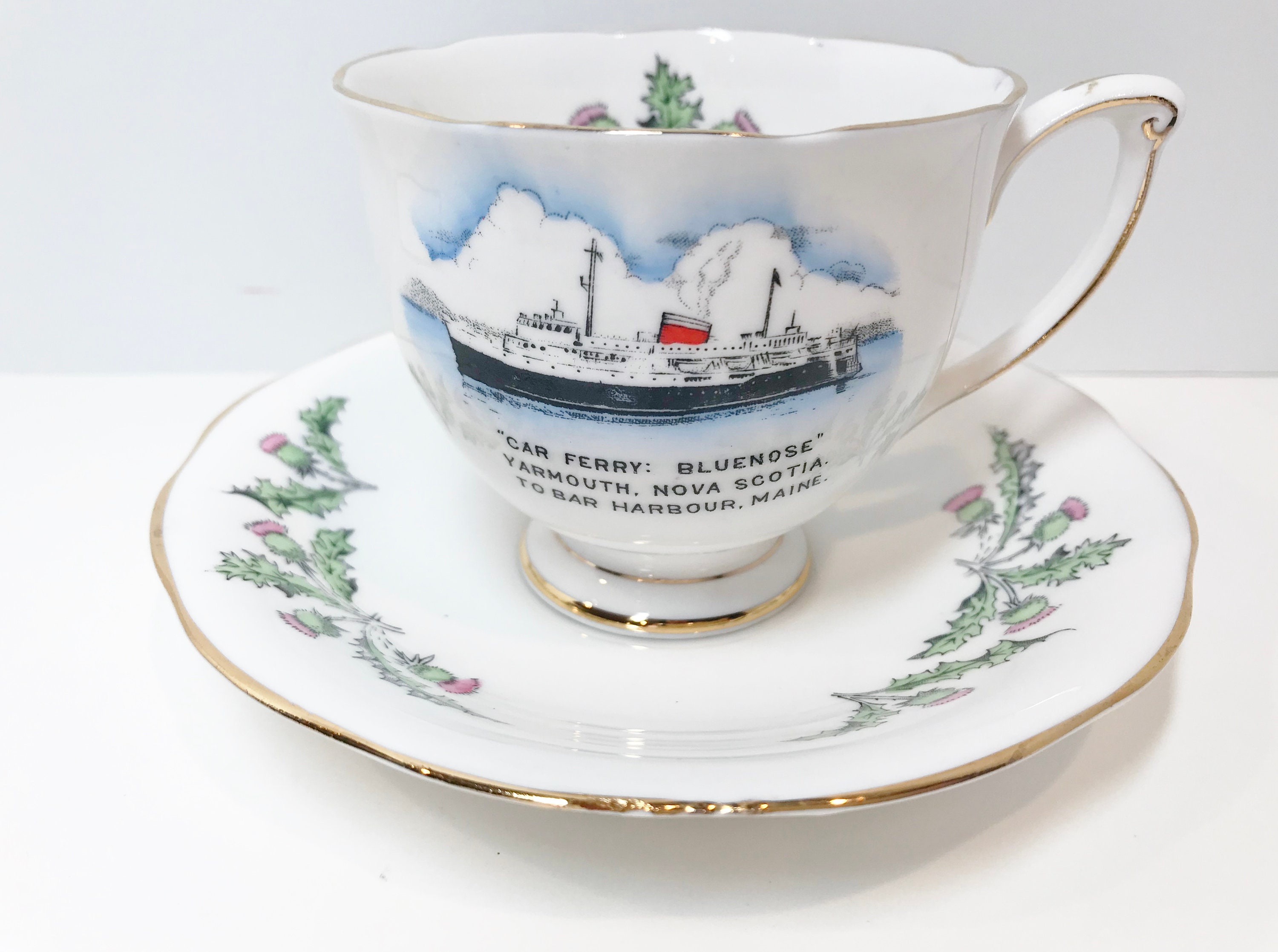 Nova Scotia Tea Cup and Saucer, Bluenose Ferry Cup, Bar Harbour Maine