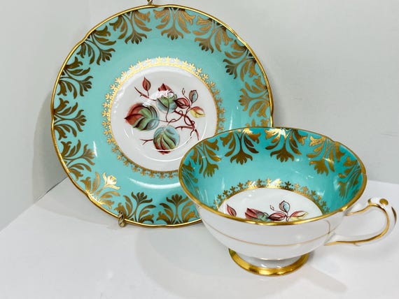 Royal Grafton Teacup and Saucer, Turquoise Gold Teacup, Antique Teacups Vintage, English Teacups, Victorian Teacups, Gifts for Her