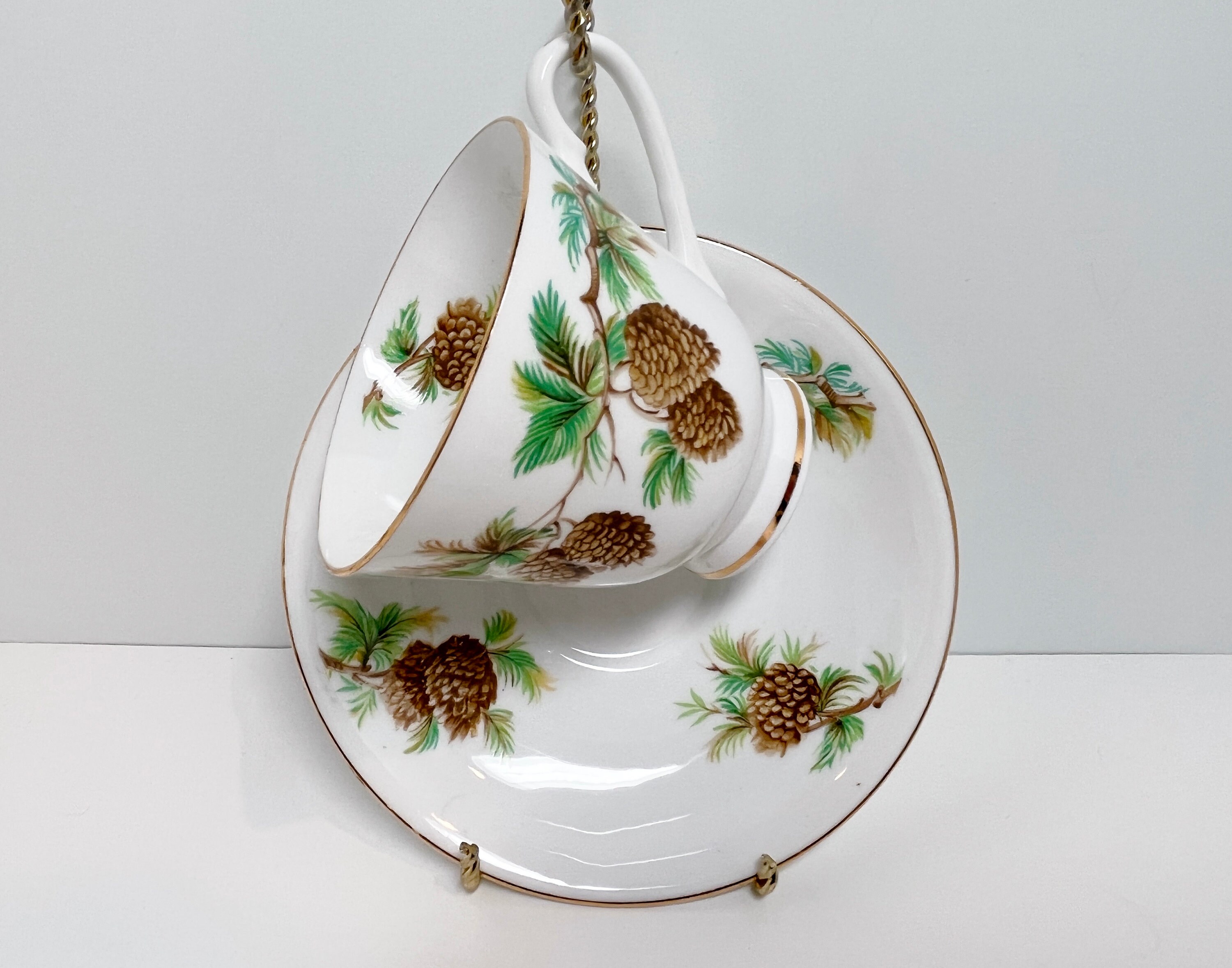 Clarence Teacup and Saucer, English Teacups, Pine Cone Cups, Bone China