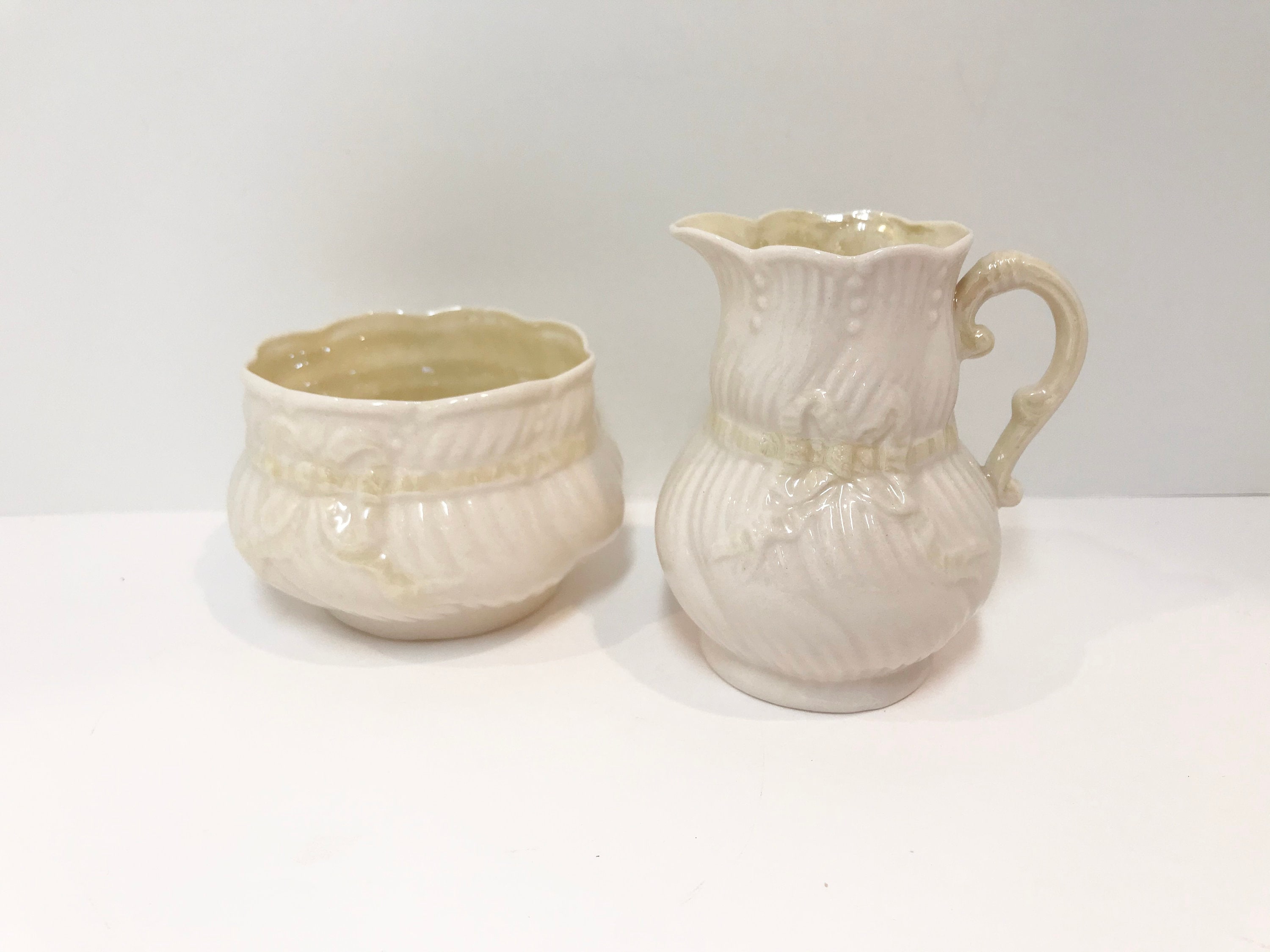 Belleek Pitcher and Bowl, Belleek Ribbon Bow, Fourth Green Mark Belleek