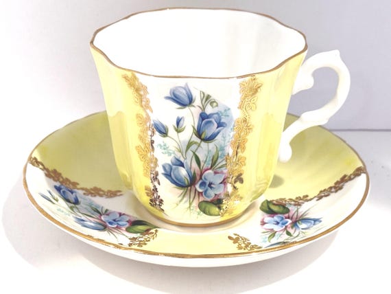 Royal Grafton Teacup and Saucer: Yellow Teacup with Blue Flowers
