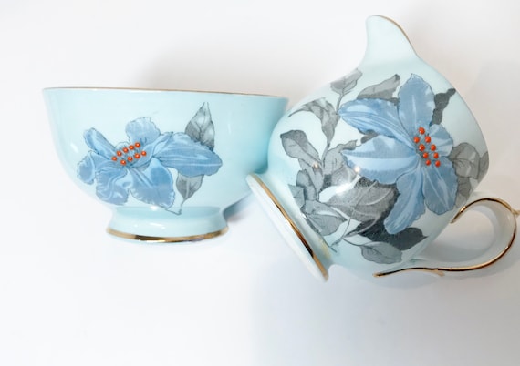 Blue Creamer and Sugar, Clarence China, Floral Creamer, Floral Sugar, English Bone China, Gifts for Her, Anniversary Gift