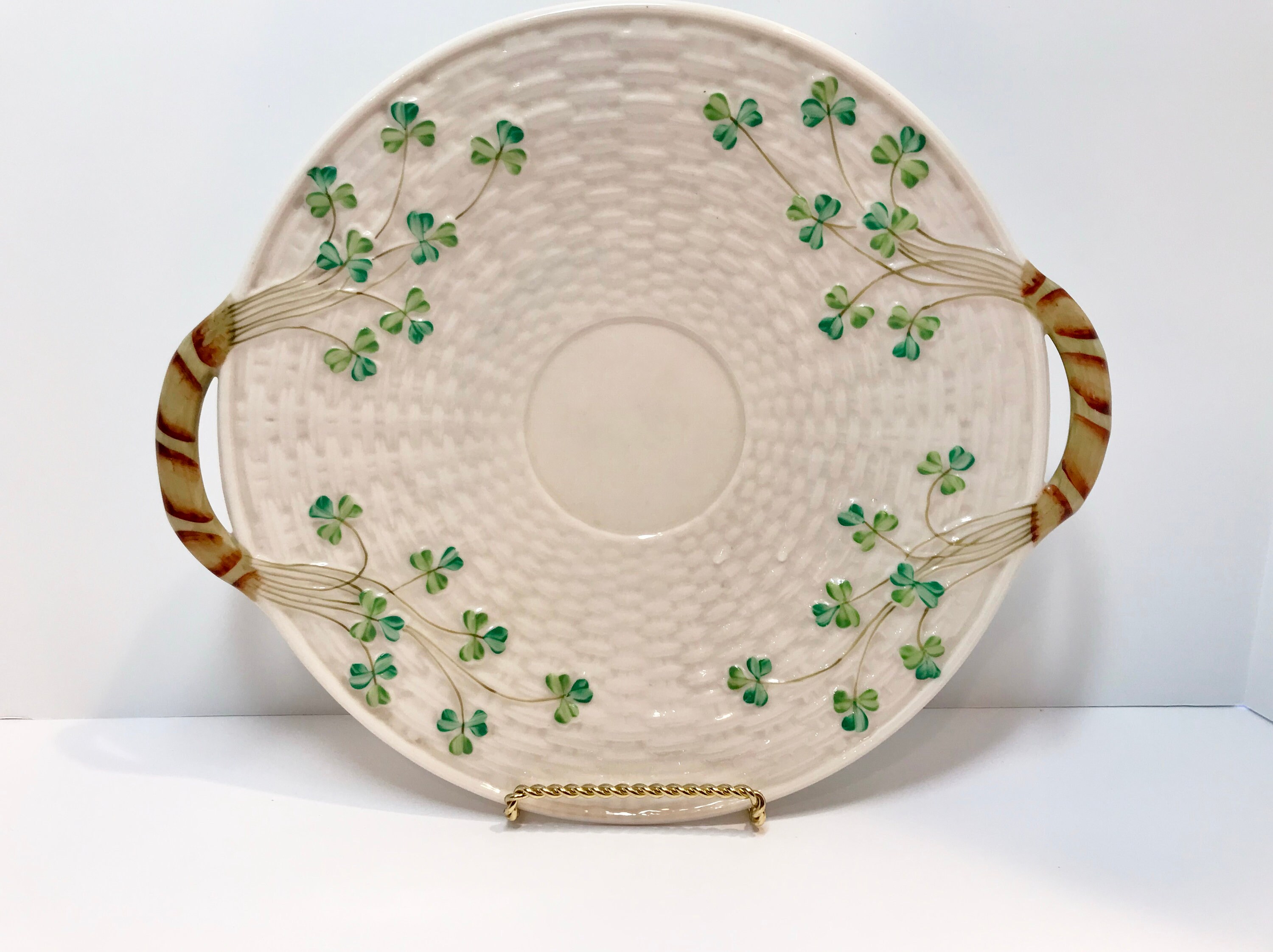 Green Mark Belleek, Shamrock Ware Cake Plate, Shamrock Tea Ware Bread Plate, Belleek Cake Plate