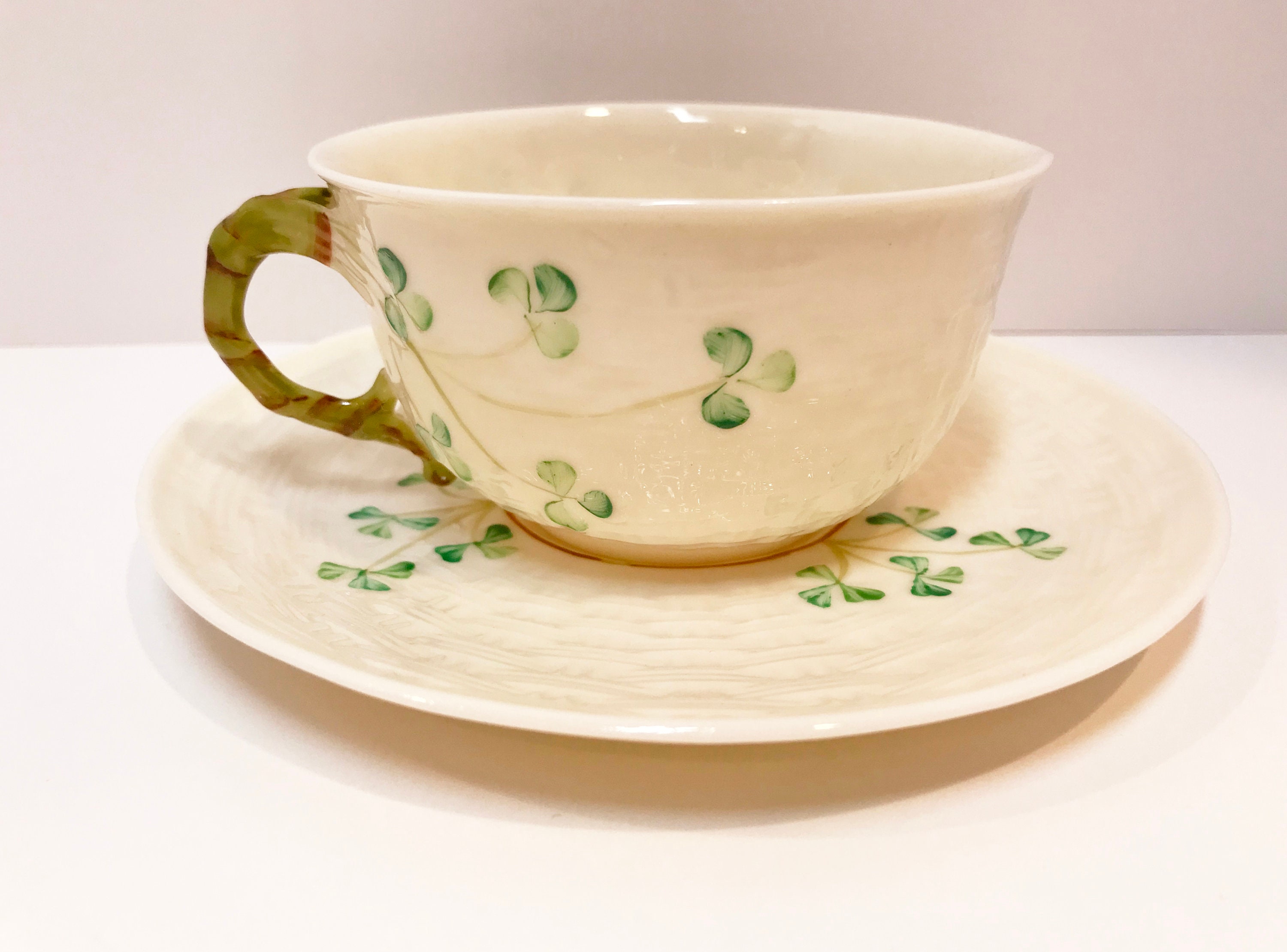 Shamrock Belleek Tea Cup and Saucer, Irish Tea Cup, Basket Weave