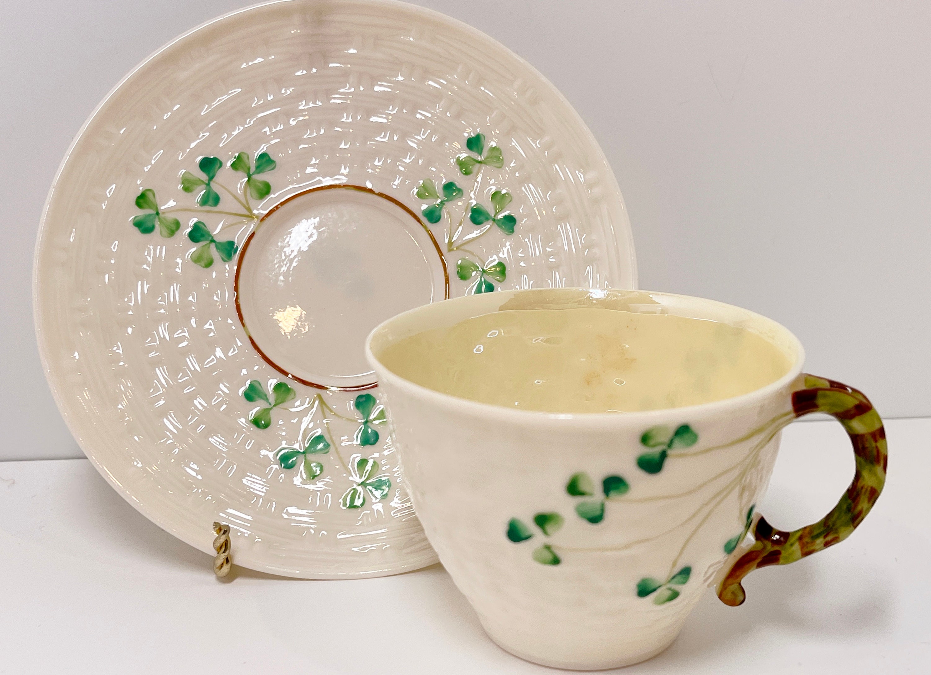 Shamrock Belleek Tea Cup and Saucer, Irish Tea Cup, Basket Weave ...