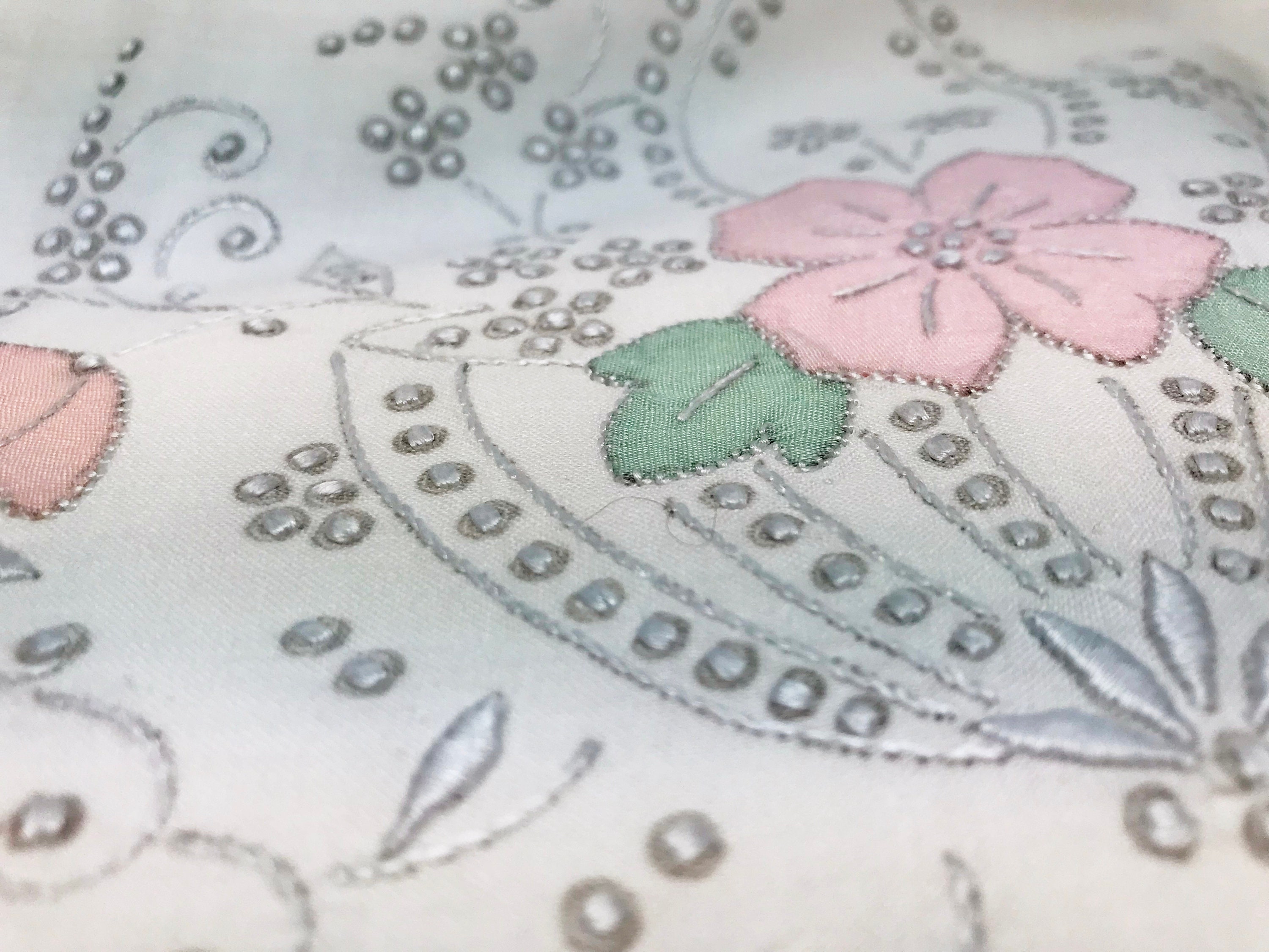 Vintage White Pillowcases, Flowered Applique Cases with French Knots
