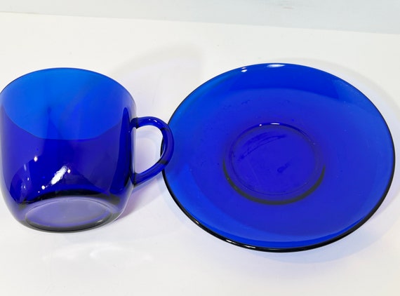 Cobalt Blue Glass Tea Cup and Saucer  Pair of Cobalt Teacups  Elegant Glassware Vintage Tea Cup  Cobalt Blue Teacup