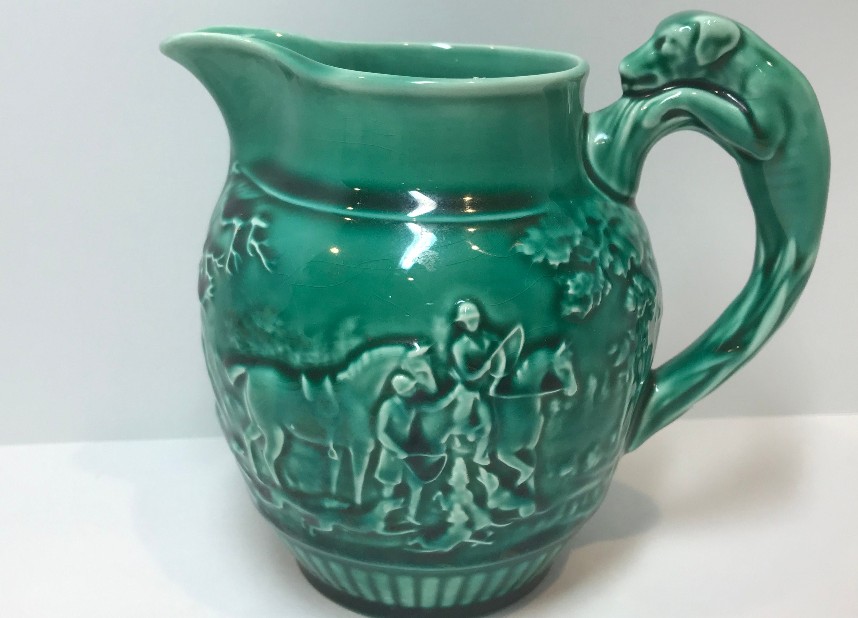Wedgwood Pitcher, Green Wedgwood Hound Handle Pitcher, Wedgwood of