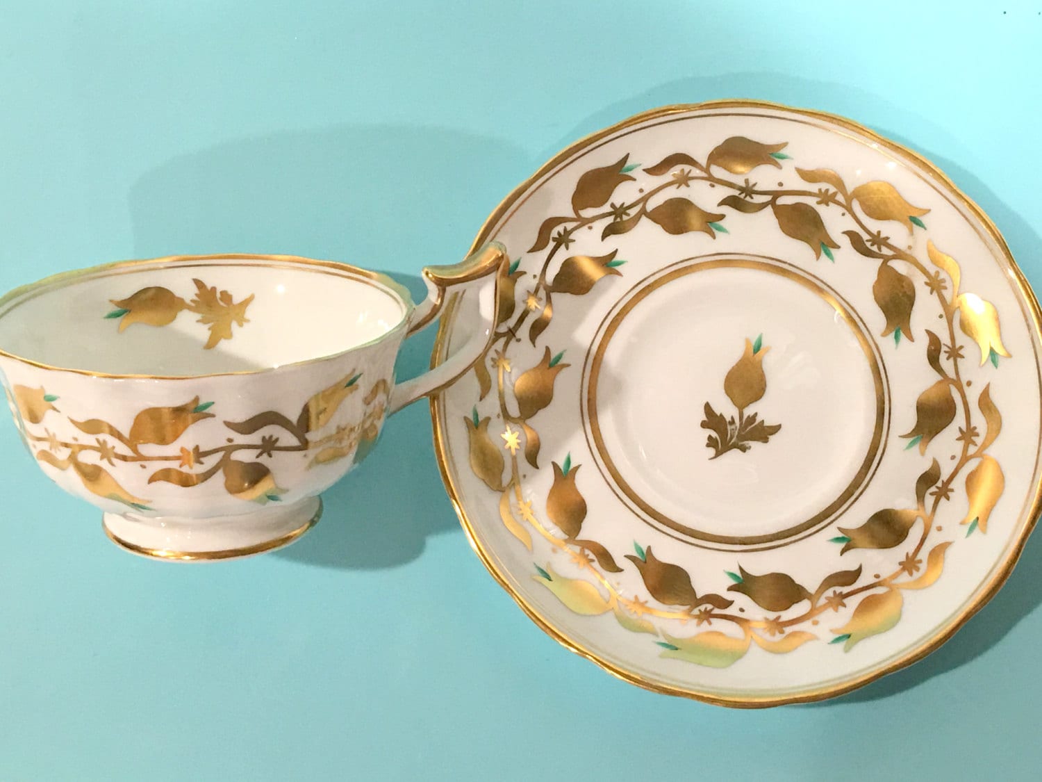 Royal Chelsea Tea Cup and Saucer, English Teacups, Gold White Tea Cups