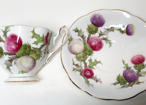 Dundee Thistle Teacup and Saucer , Queen Anne Teacup , Scottish Teacup ,  Hostess Gift for Her , Anniversary Gift ,  Housewarming Gift