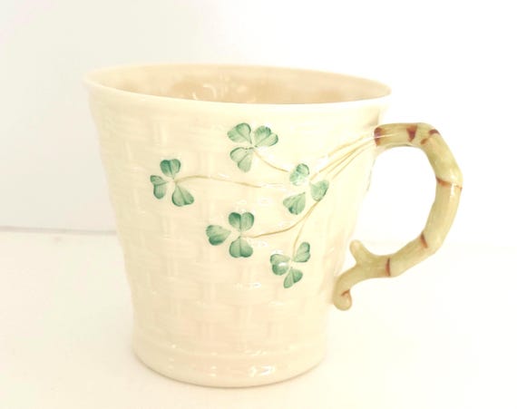 Belleek Shamrock Mug and Saucer: Large Mug, Basket Weave Design