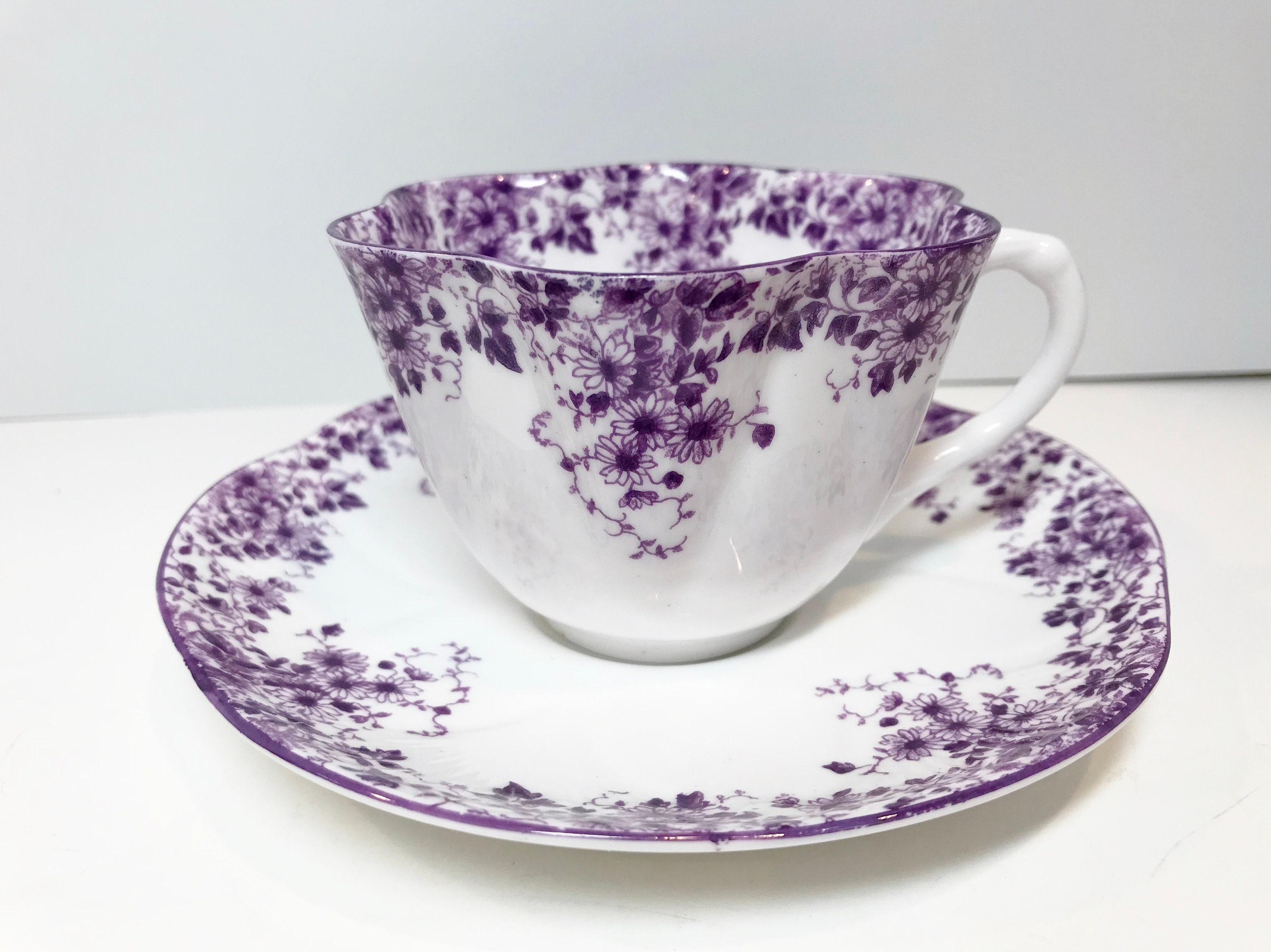 Shelley Tea Cup and Saucer, Shelley Dainty Mauve Pattern Shelley China, Antique Tea Cups Vintage