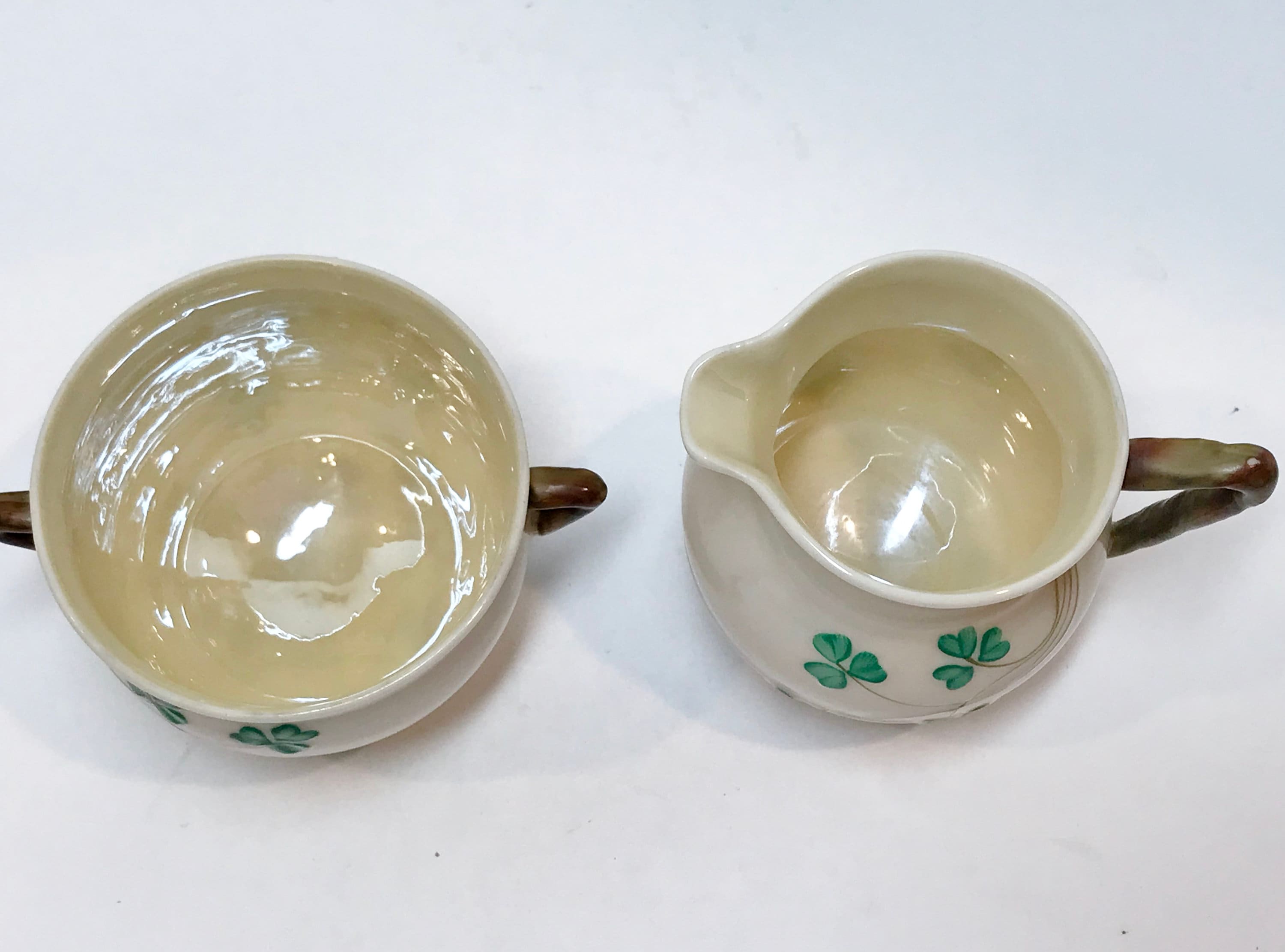 Black Mark Belleek Sugar Bowl and Creamer, Shamrock Ware Set, Made in