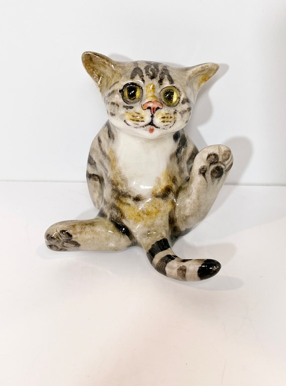 Cat Sculpture Ceramic Cat Glass Eyed Cat Tabby Cat Cat Figurine Hand Painted Cat Gift for Her Housewarming Gift Anniversary Gift