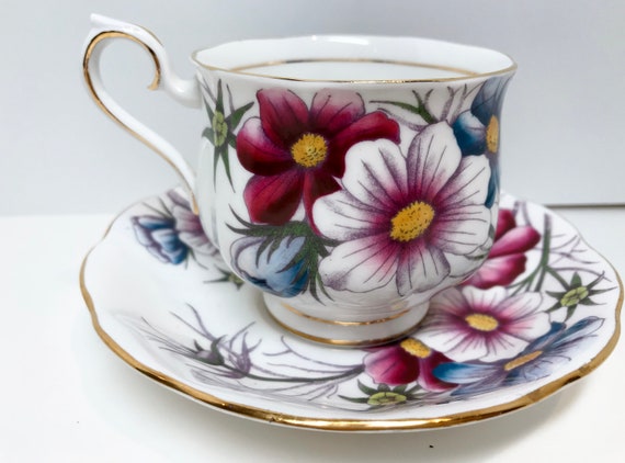 Royal Albert Teacup and Saucer , Cosmos Pattern , Flower of the Month Series , Hand Painted Cup , October Birthday Cup , Vintage Tea Cup