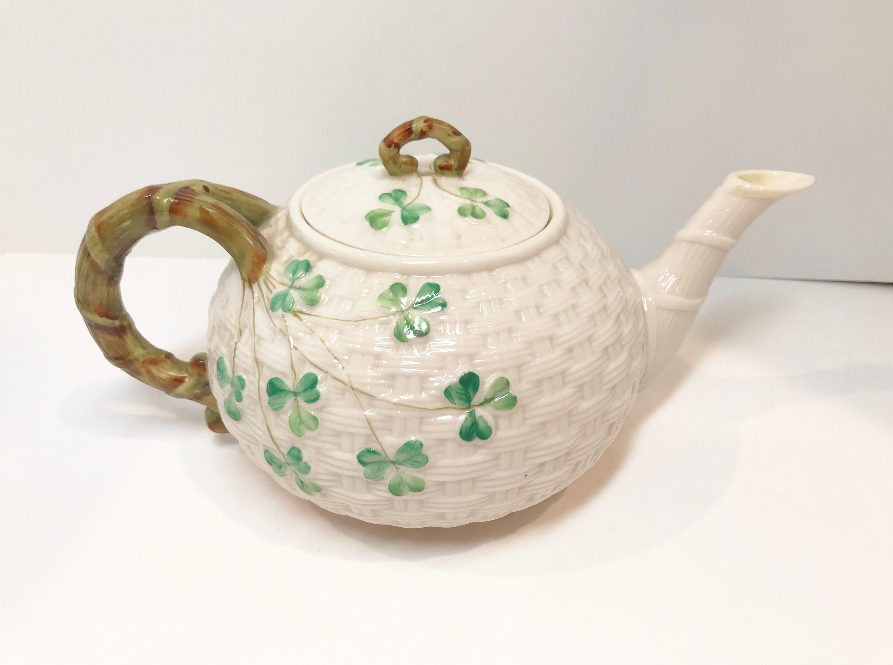 Large Shamrock Belleek Teapot, Shamrock Belleek, Black Mark Belleek