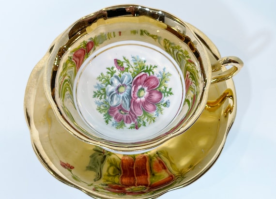 Gold Rosina Teacup and Saucer, Floral Teacups, Rosina Teacup, Gold Teacup, Anniversary Gift, Wedding Table, Gifts for Her