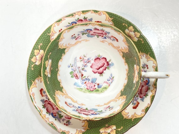 Grafton Tea Cup and Saucer , Green Gold Teacup , Antique Tea Cup , Floral Tea Cup , Housewarming Gift for Her , Gift for Friend