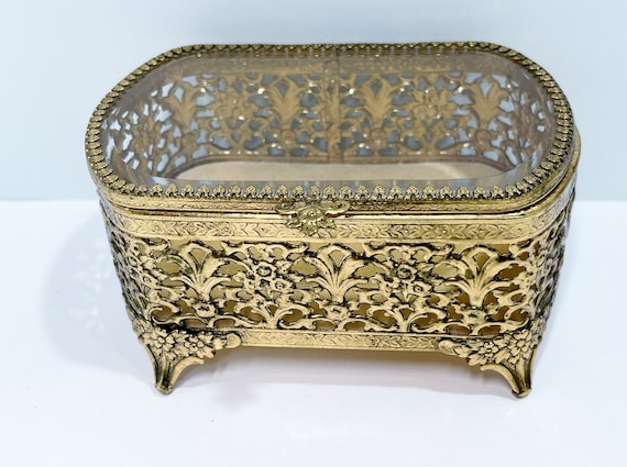 Brass Jewelry Box, Floral Jewelry Box, Ormolu Box, Glass and Brass Box, Jewelry Container, Beveled Glass Brass Box