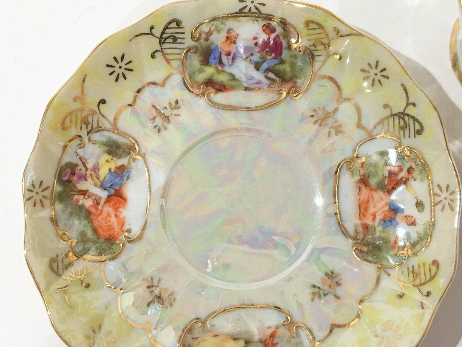 Courting Couple on Yellow Tea Cup and Saucer, Mid Century Japanese Cup