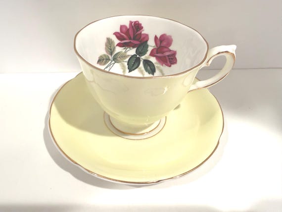 Royal Grafton Teacup and Saucer: Yellow with Red Rose