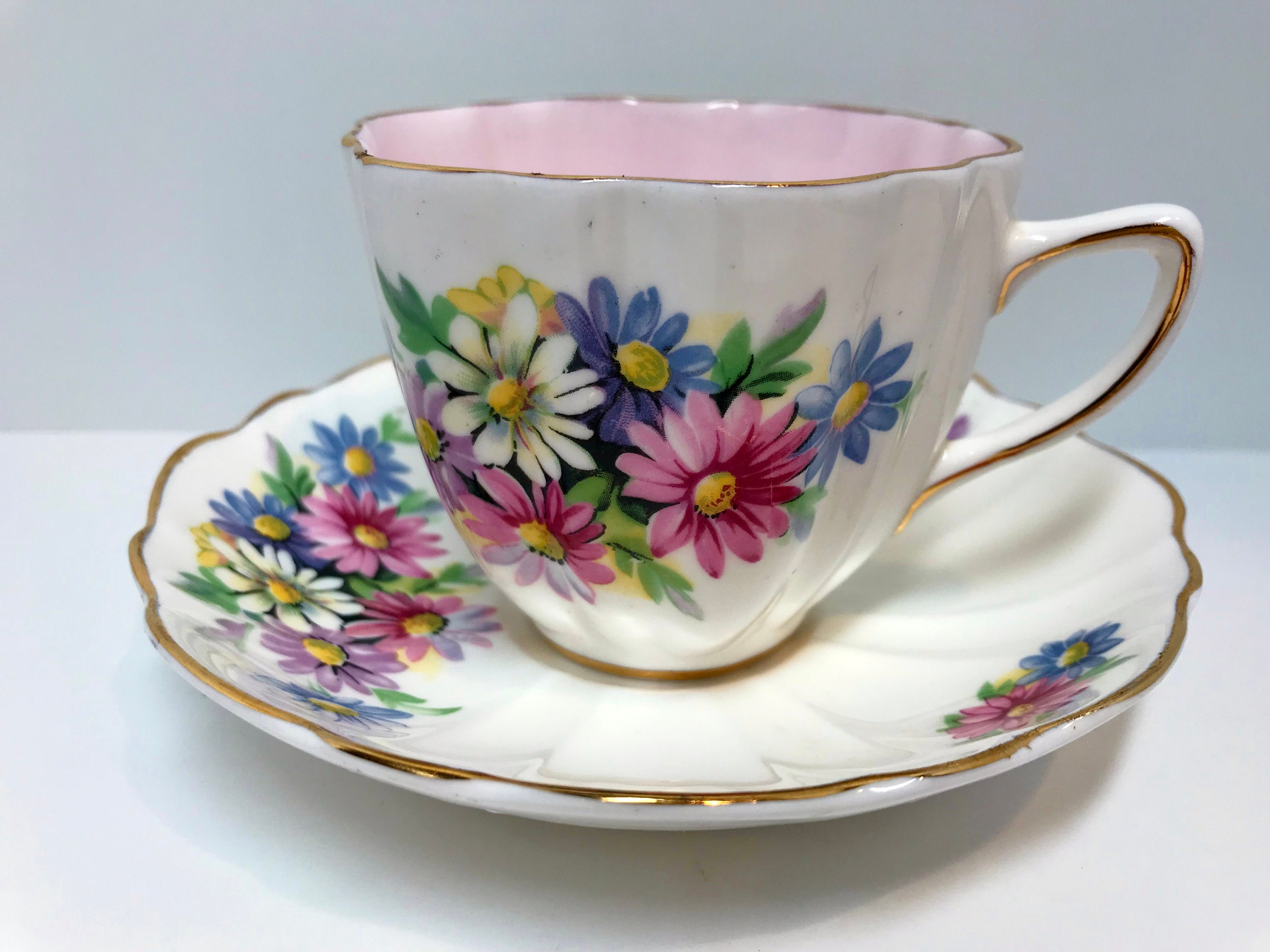 Pink Daisies by Old Royal Tea Cup and Saucer, English Bone China Cups