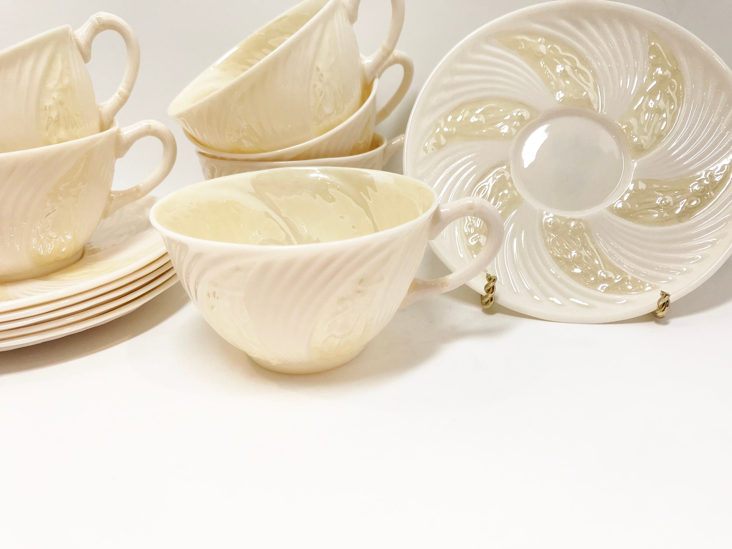 Set of Six Belleek Celtic Low Ware Teacups and Saucers, Belleek