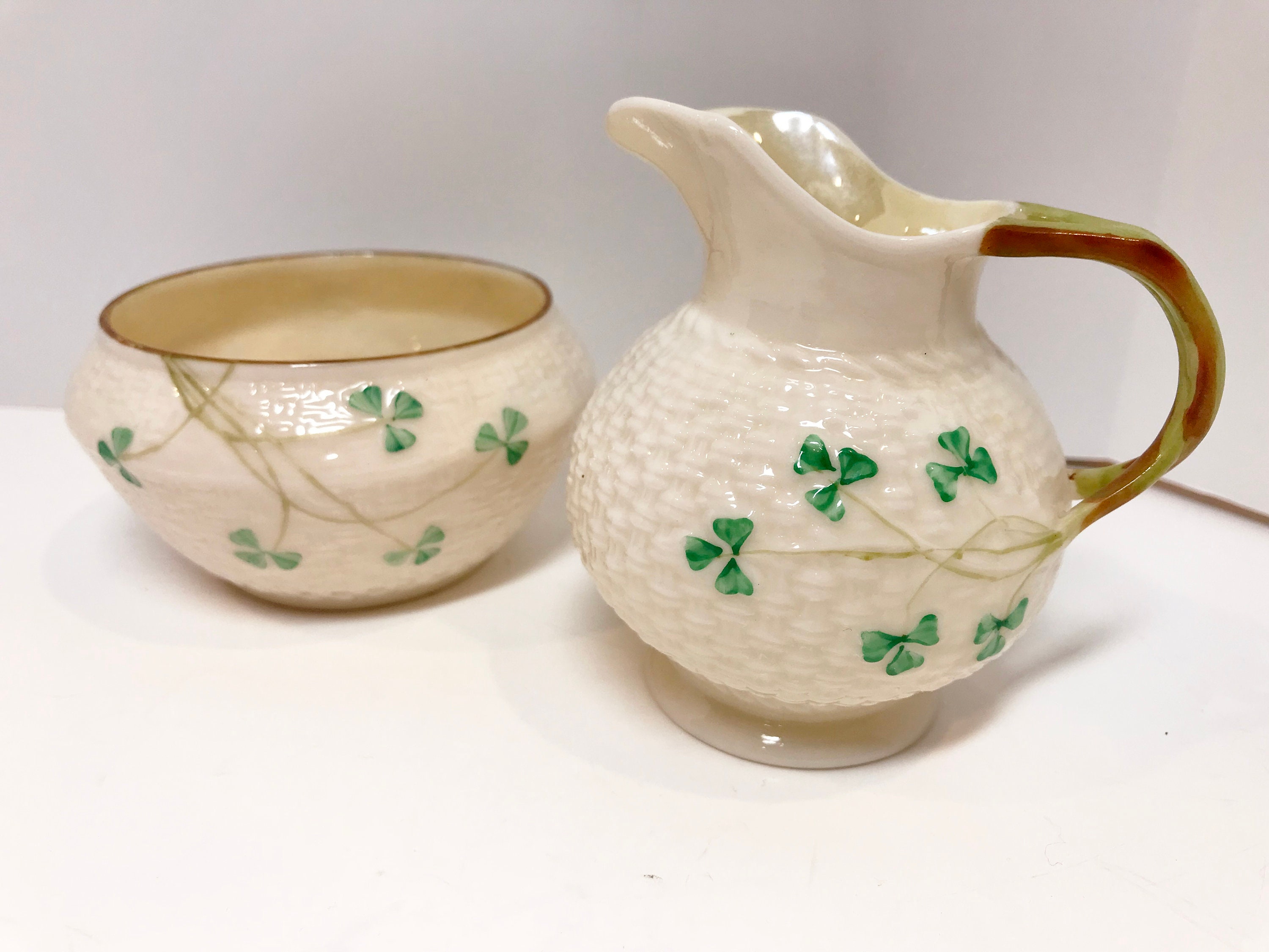 Belleek Sugar Bowl and Creamer, Shamrock Ware Set, Irish Creamer, Green Mark Belleek Creamer
