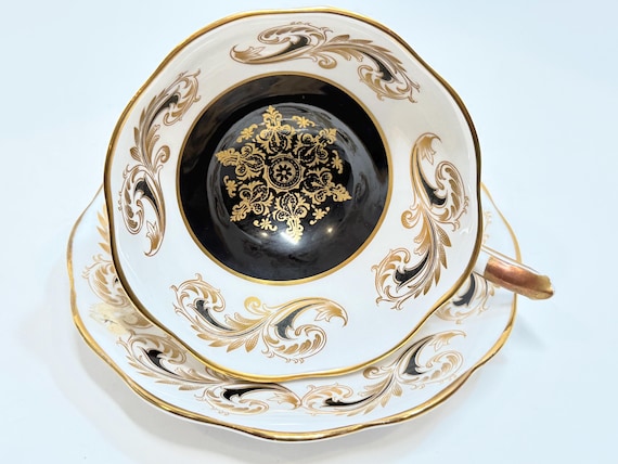 Royal Standard Teacup and Saucer: Black and Gold Swirls