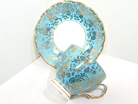 Colclough Teacup and Saucer: English Bone China, Gold & Blue