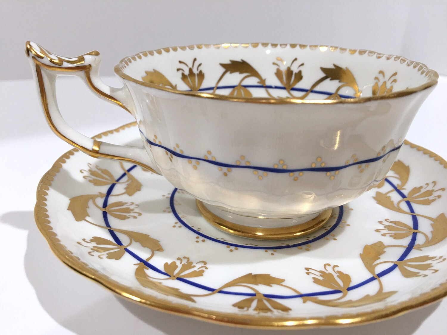 Royal Chelsea Tea Cup and Saucer, English Teacups, Gold White Tea Cups
