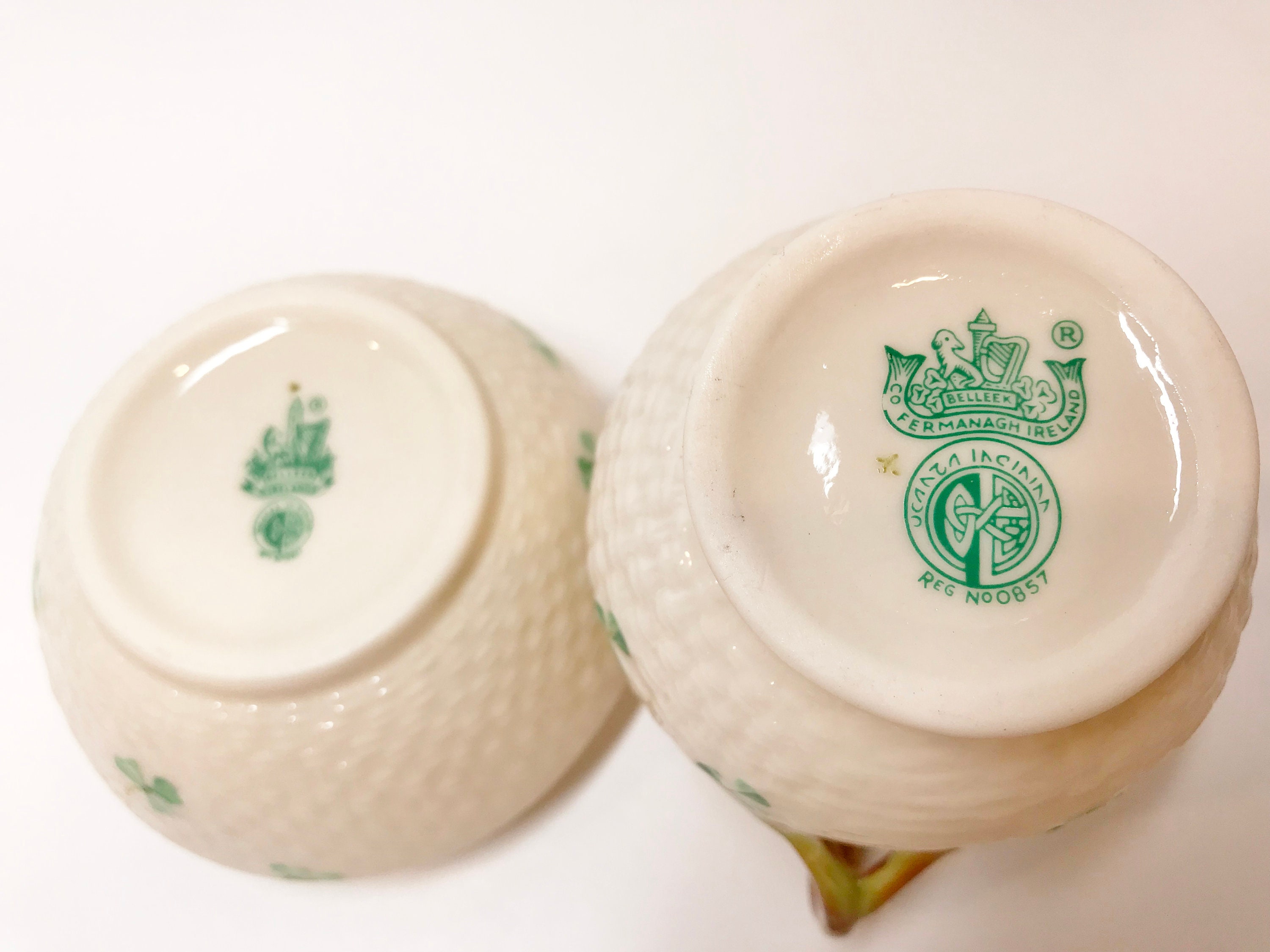 Belleek Sugar Bowl and Creamer, Shamrock Ware Set, Irish Creamer, Green