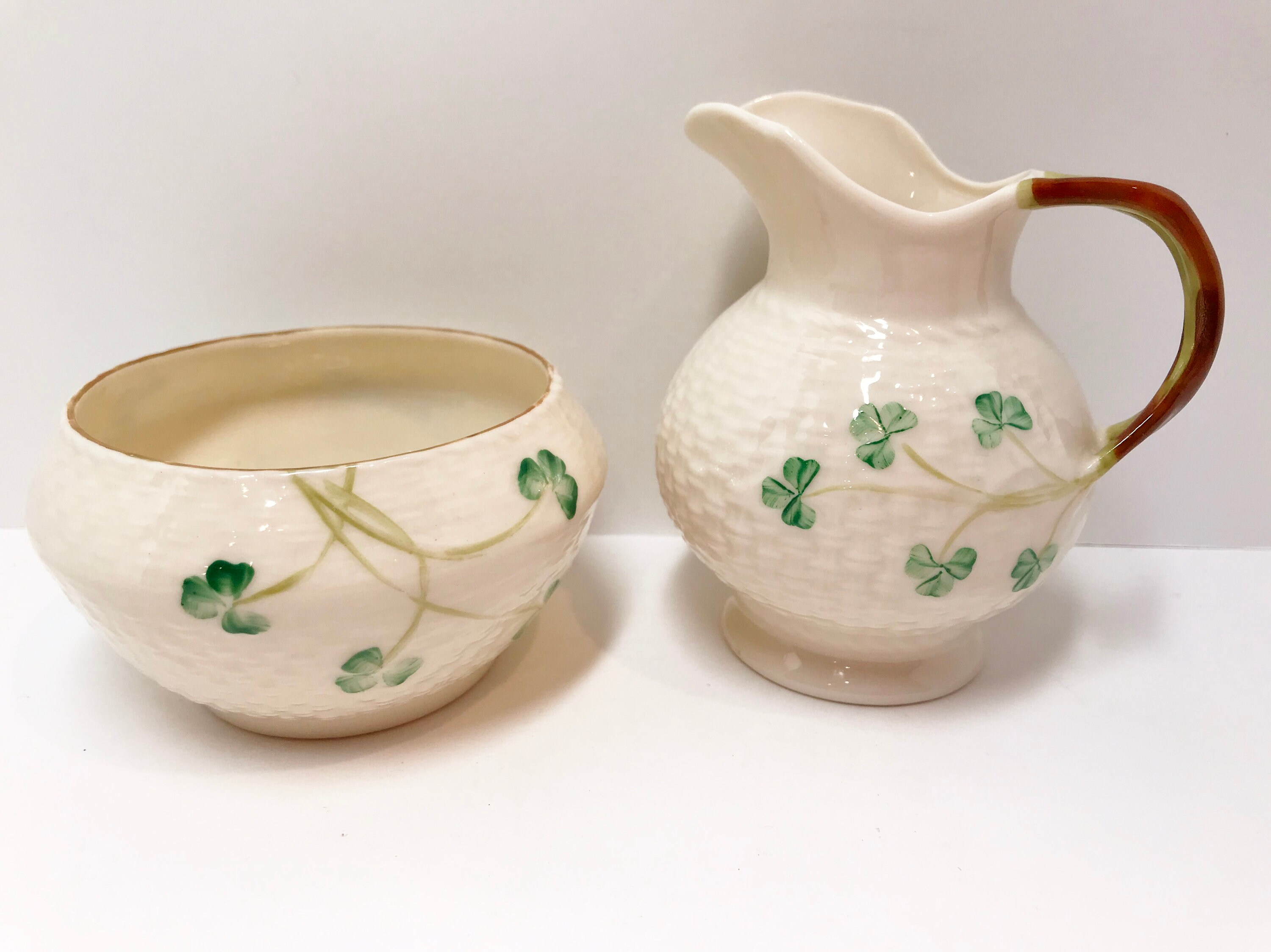 Belleek Sugar Bowl and Creamer, Shamrock Ware Set, Irish Creamer, Brown